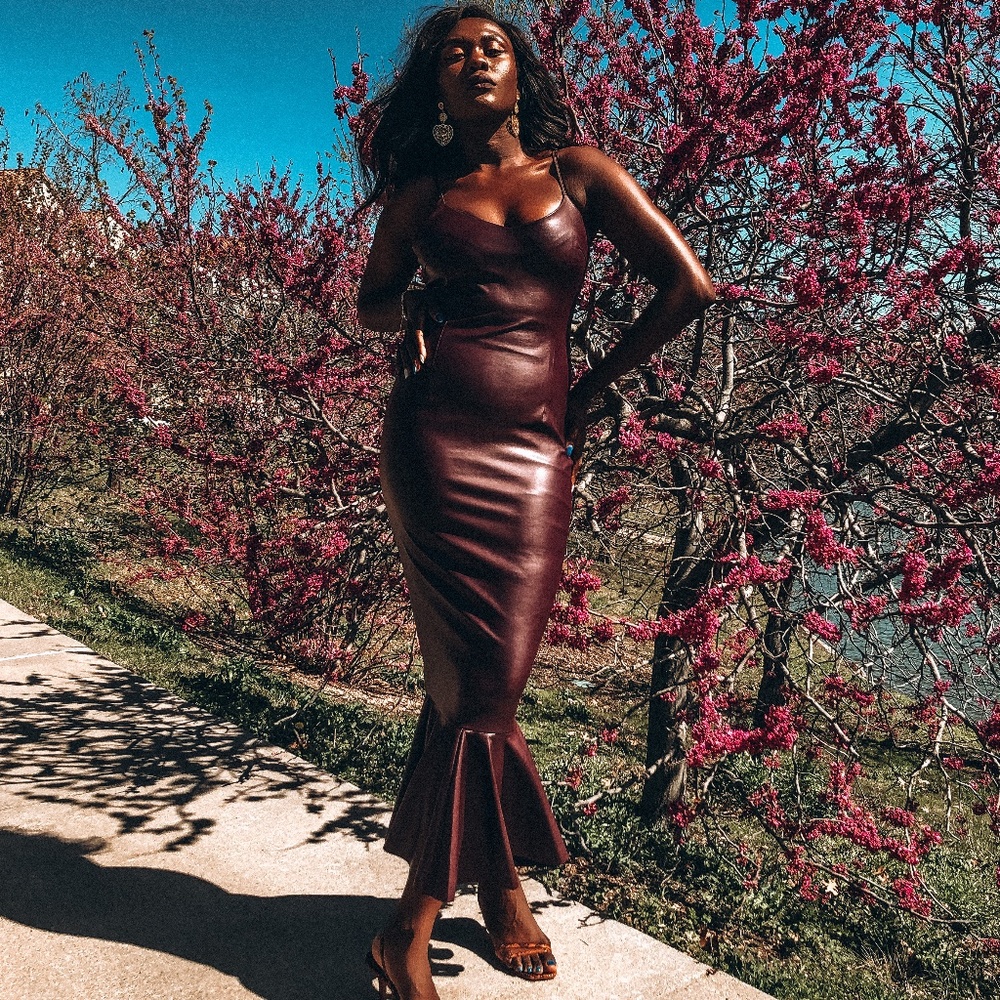 AqAq plum midi fishtail, vegan leather dress US 4